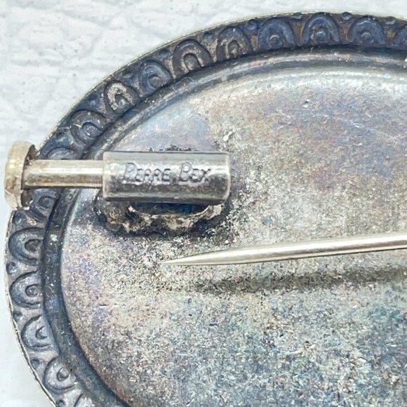 Vtg Pierre Bex Brooch Dried Flowers Oval Tarnished Scroll Detail Trombone Clasp - Picture 7 of 8